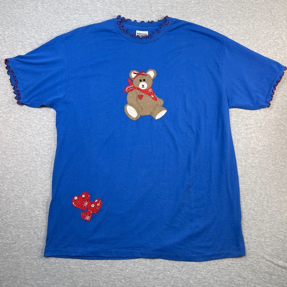 VTG Hanes Fifty Fifty Shirt Mens XL Teddy Bear Hearts Ruffle Lettuce Trim 90s T